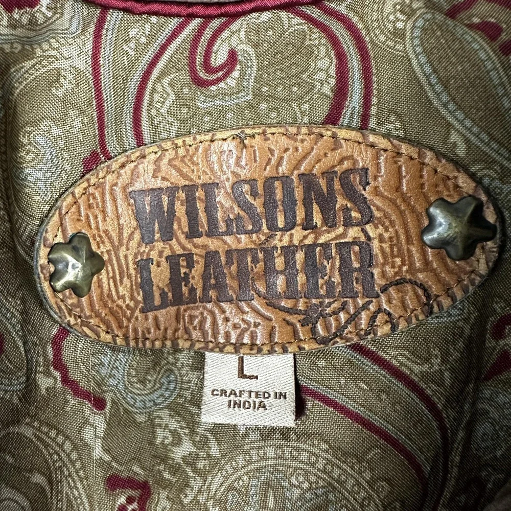 Wilsons Leather Jacket Womens Large Brown Zip Paisley Lining Collar Pockets - Picture 2 of 11